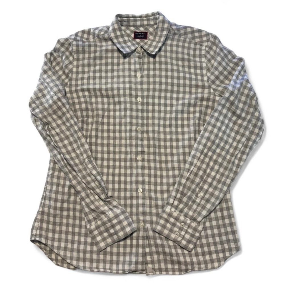 Untuckit Women's 4 Cotton Button Down Shirt Gray Plaid Long Sleeve Collar